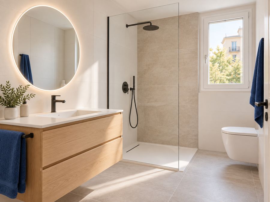Baño reformado con ducha de obra, mueble de roble suspendido y espejo redondo iluminado