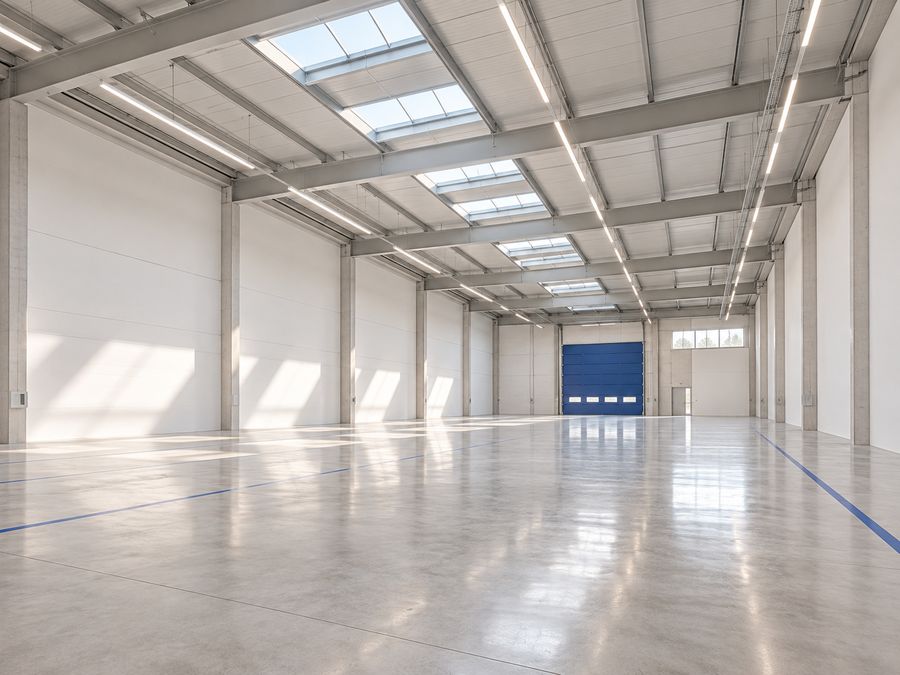 Nave industrial acondicionada con solera de hormigón pulido, lucernarios y portón azul